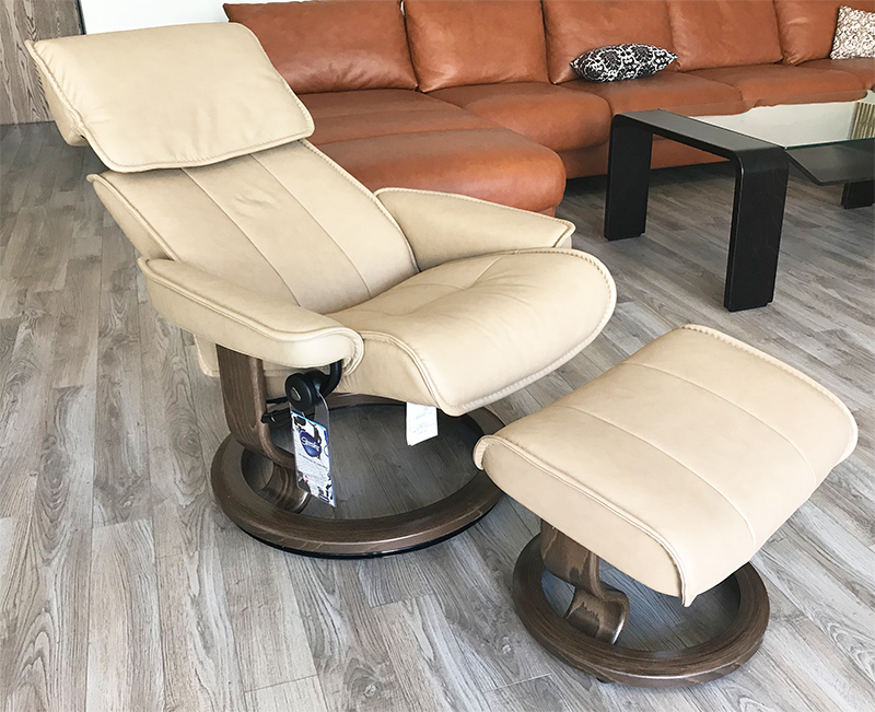 Stressless Admiral Classic Base Paloma Sand Leather Recliner Chair and Ottoman by Ekornes