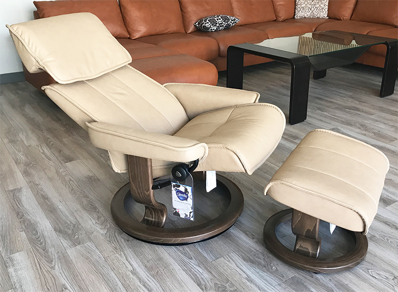 Stressless Admiral Classic Base Paloma Sand Leather Recliner Chair and Ottoman by Ekornes