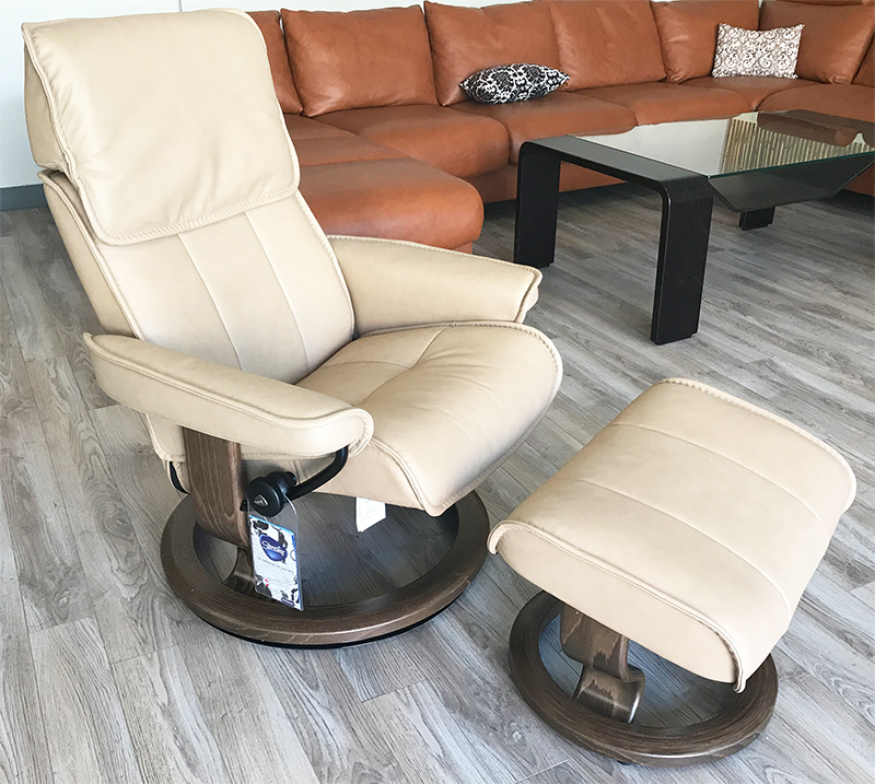 Stressless Admiral Classic Base Paloma Sand Leather Recliner Chair and Ottoman by Ekornes