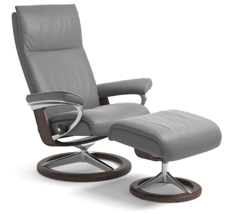 Stressless Aura Signature Batick Wild Dove Leather Recliner Chair and Ottoman by Ekornes