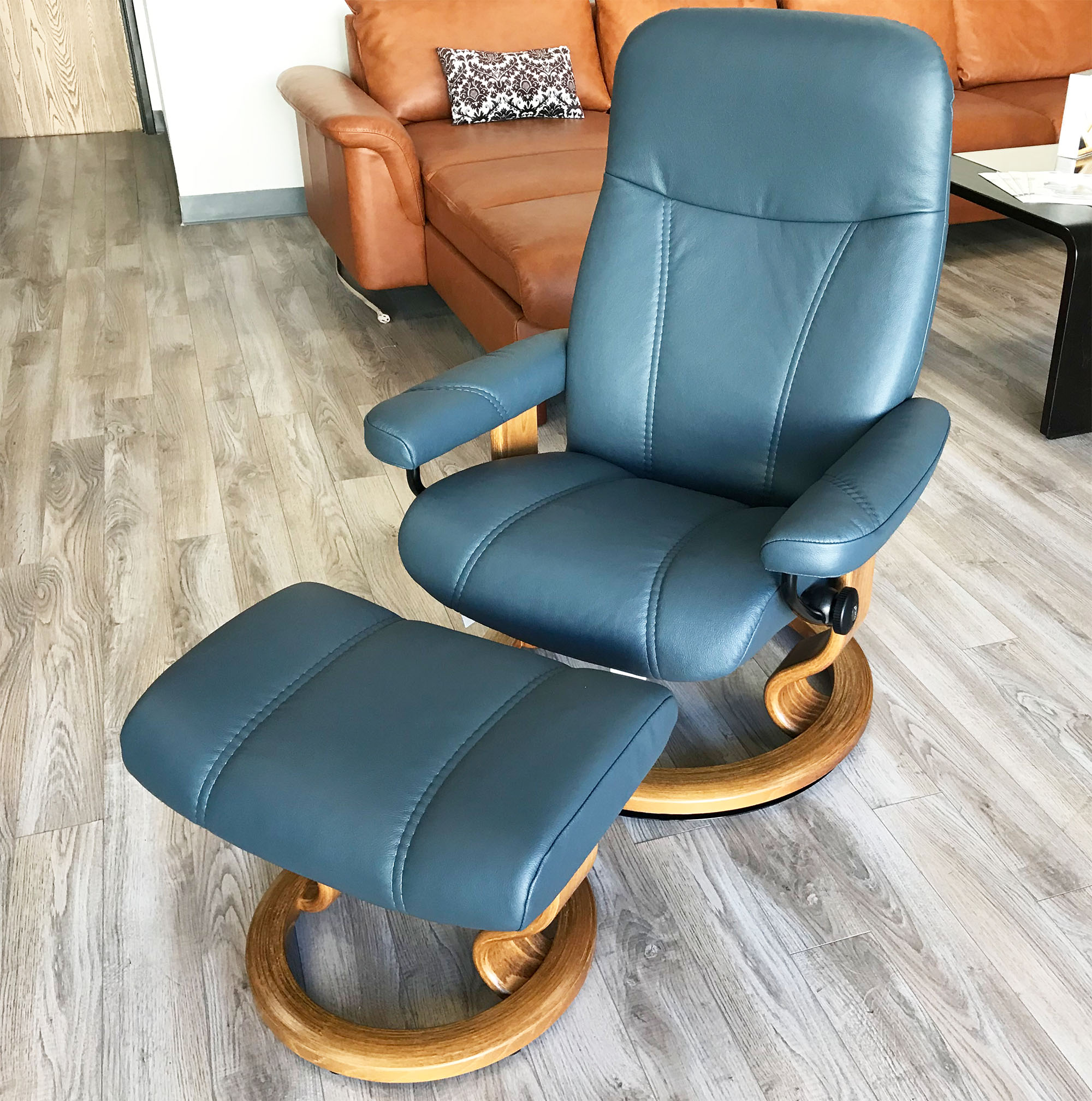 Stressless Consul Recliner Chair And Ottoman Batick Atlantic Blue