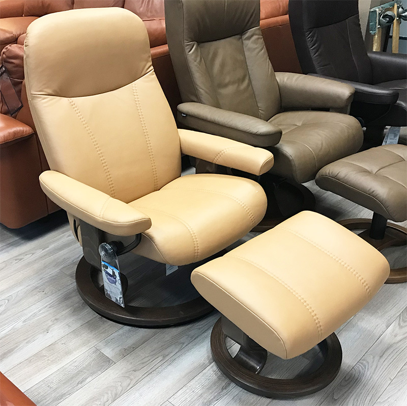 Stressless Consul Recliner Chair and Ottoman in Paloma Pearl Leather by Ekornes