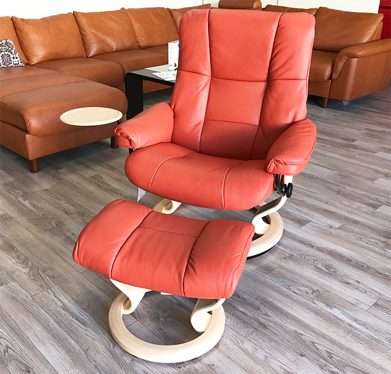 Stressless Large Mayfair Paloma Henna Leather Recliner Chair and Ottoman with Natural Wood by Ekornes