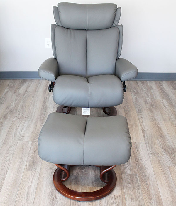 Stressless Magic Paloma Metal Grey Color Leather Recliner Chair and Ottoman