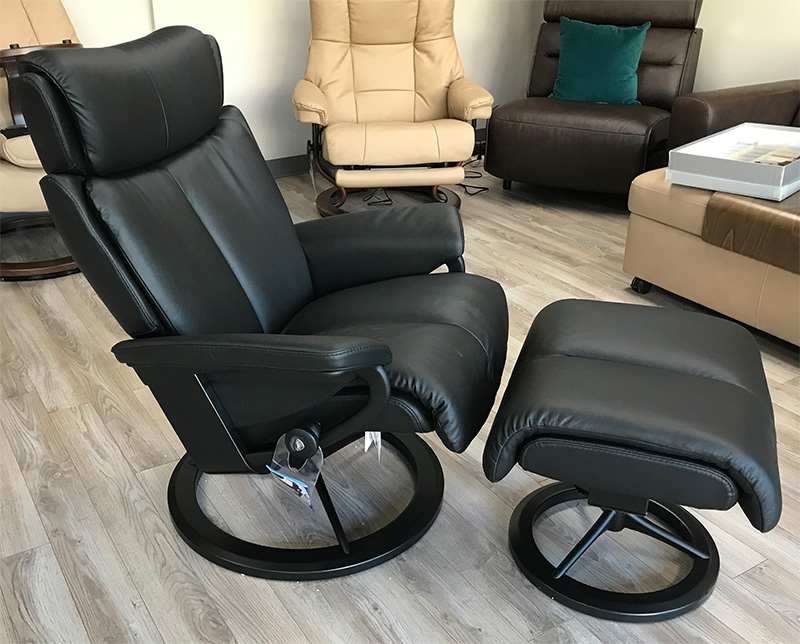 Stressless Magic Signature Matte Black Base Paloma Black Leather Recliner and Ottoman