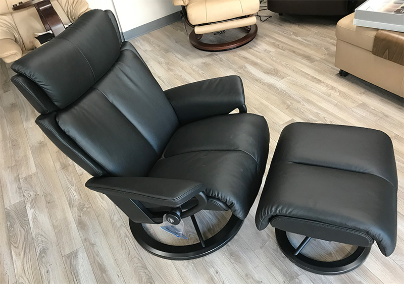 Stressless Magic Signature Matte Black Base Paloma Black Leather Recliner and Ottoman