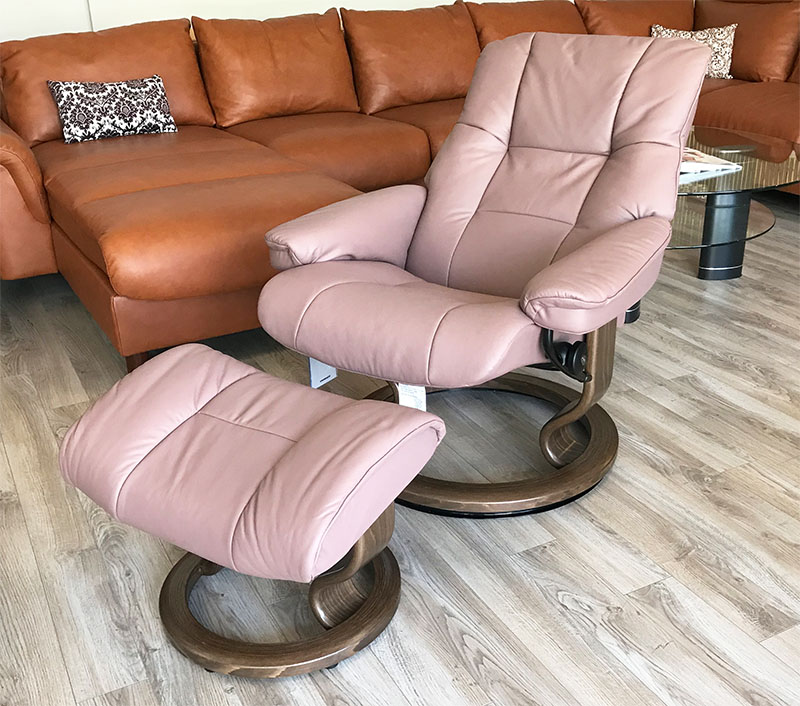 Stressless Mayfair Paloma Dusty Rose Leather Recliner Chair and Ottoman by Ekornes