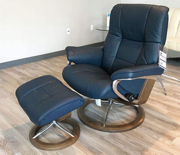 Stressless Mayfair Signature Base Paloma Oxford Blue Leather Recliner Chair and Ottoman with Walnut Wood Base by Ekornes