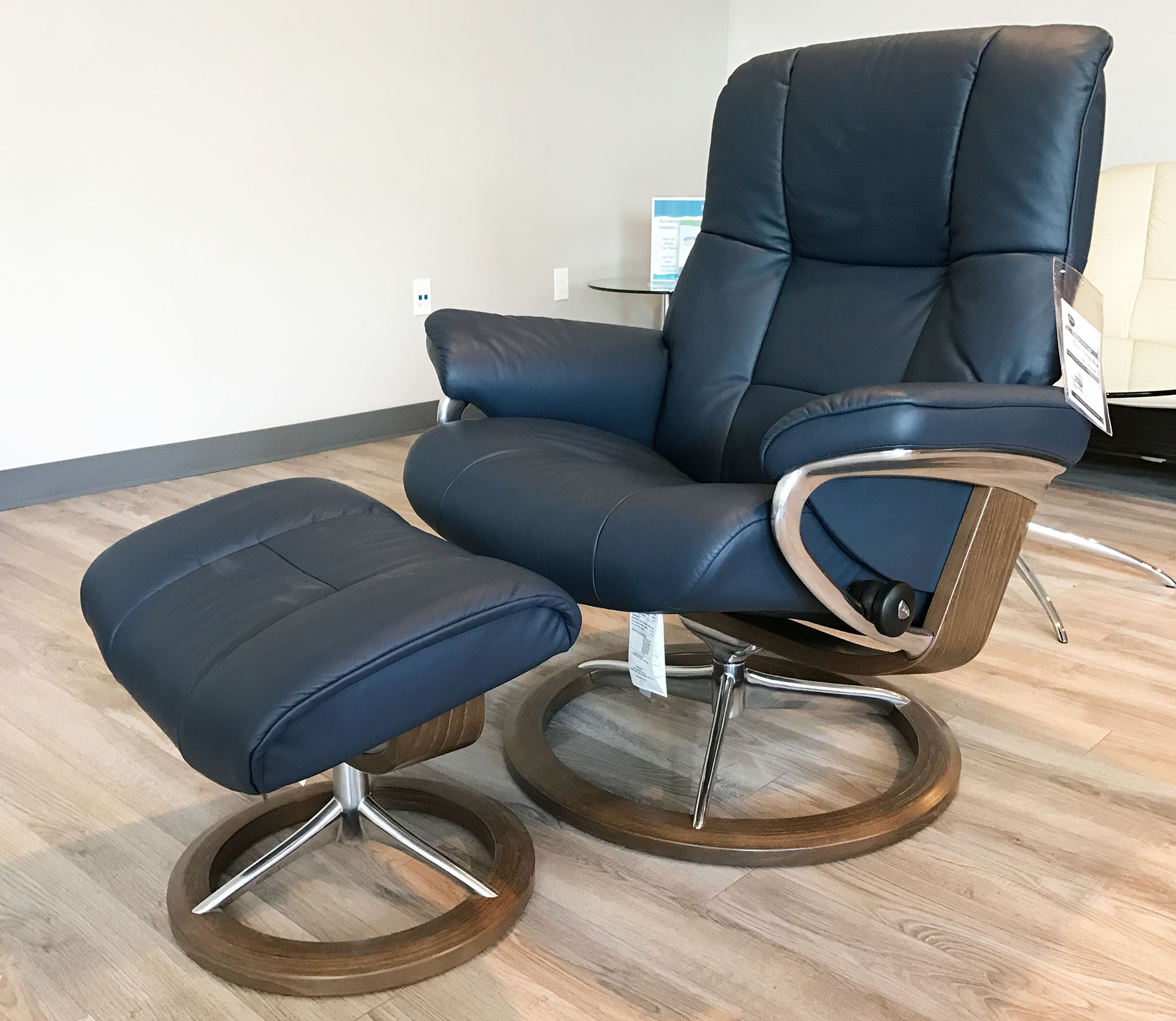 Stressless Mayfair Signature Walnut Wood Paloma Oxford Blue Leather Recliner Chair and Ottoman