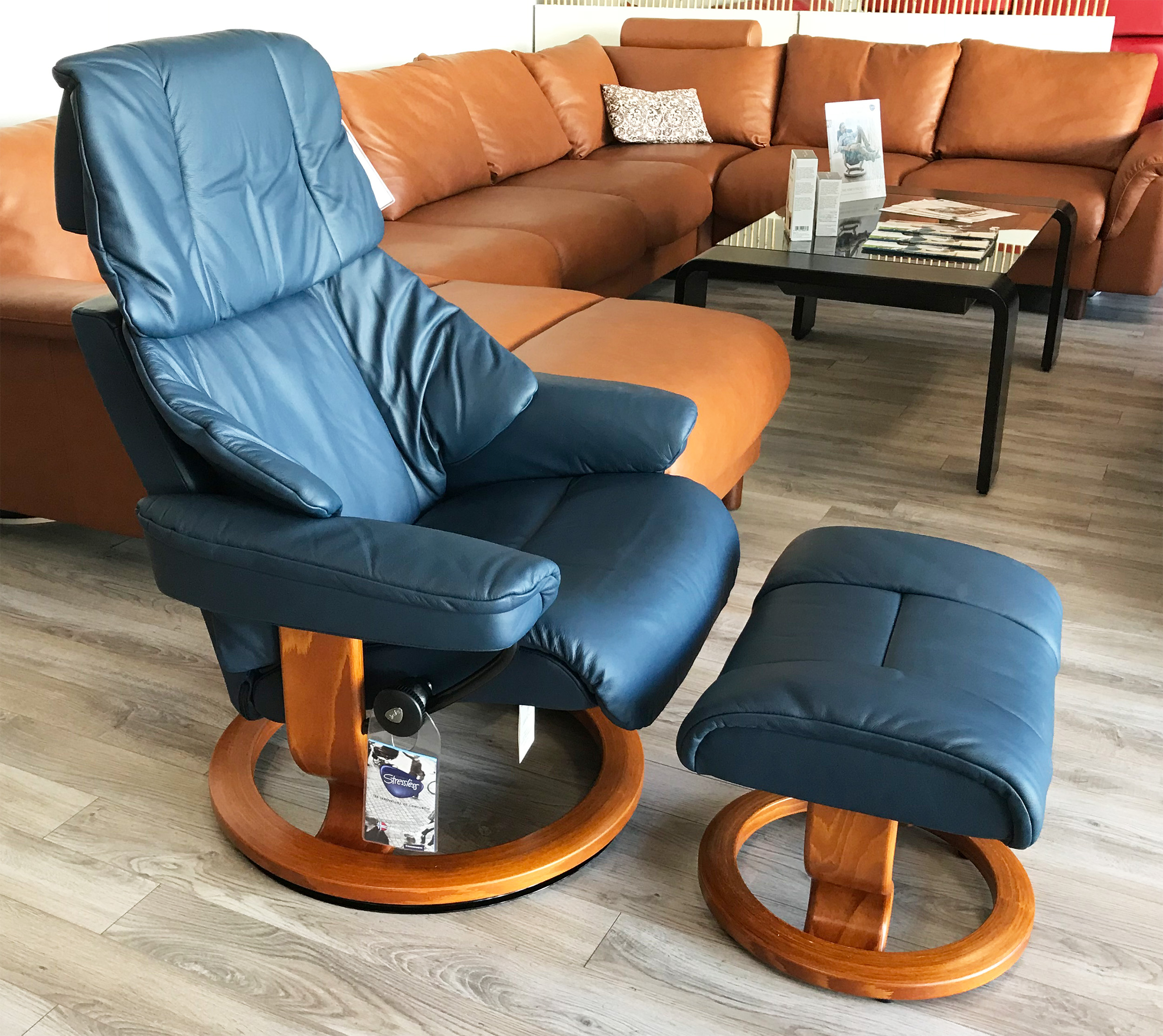 Stressless Reno Paloma Oxford Blue Leather Recliner Chair and Ottoman by Ekornes