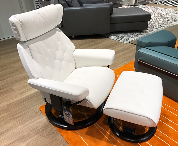 Stressless Skyline Recliner Chair and Ottoman in Batick Snow Leather