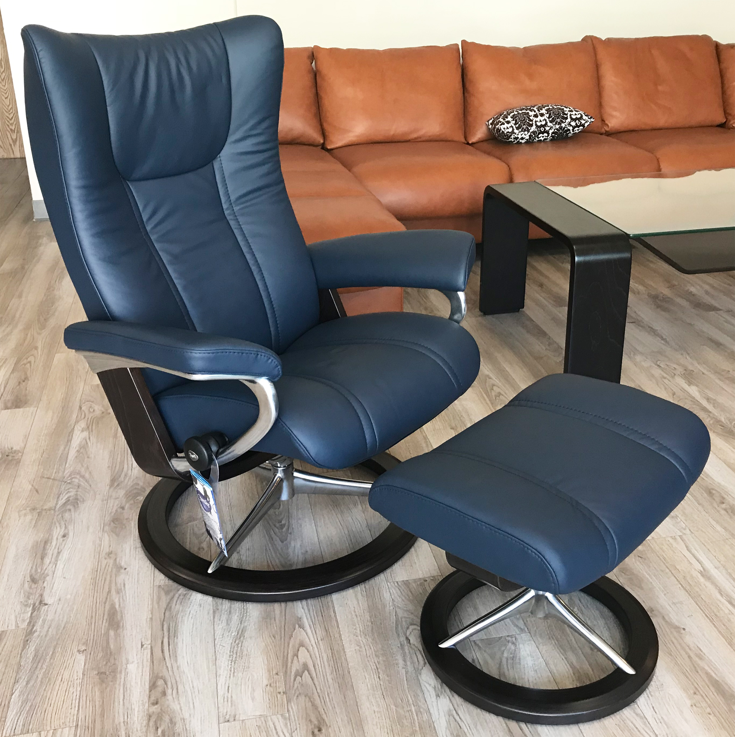 Stressless Mayfair Paloma Oxford Blue Leather Recliner Chair and Ottoman by Ekornes Stressless