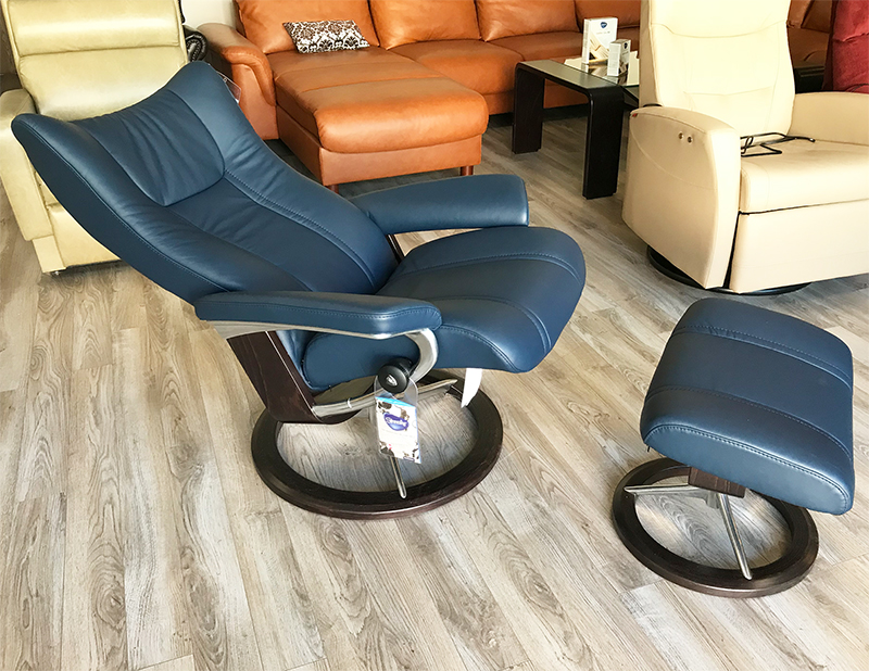 Stressless Wing Signature Wenge Wood Base Recliner Chair and Ottoman in Paloma Oxford Blue Leather