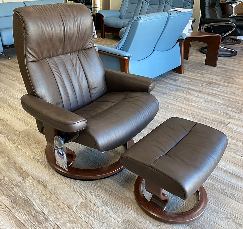 Stressless Crown Classic Base Recliner Chair in Paloma Chocolate Leather Brown Wood by Ekornes