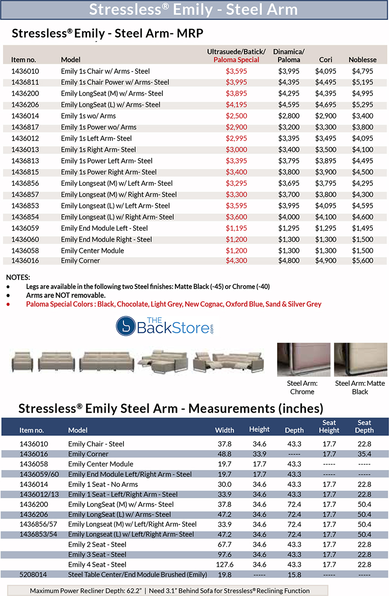 Stressless Emily Steel Arm Chair, Loveseat, Sofa, Sectional Dimensions