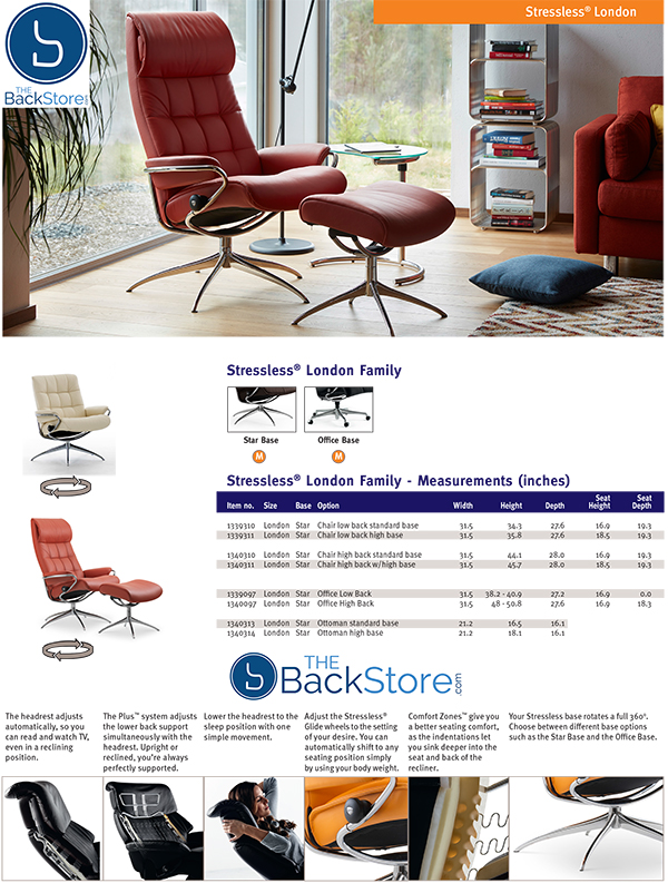 Stressless London Recliner Chair and Ottoman Measurements by Ekornes