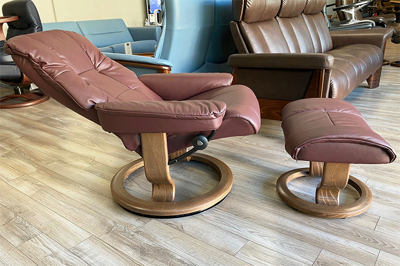 Stressless Mayfair Classic Base Paloma Bordeaux Leather Recliner Chair and Ottoman by Ekornes