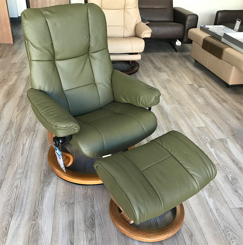 Stressless Mayfair Classic Base Paloma Dark Olive Leather Recliner Chair and Ottoman by Ekornes