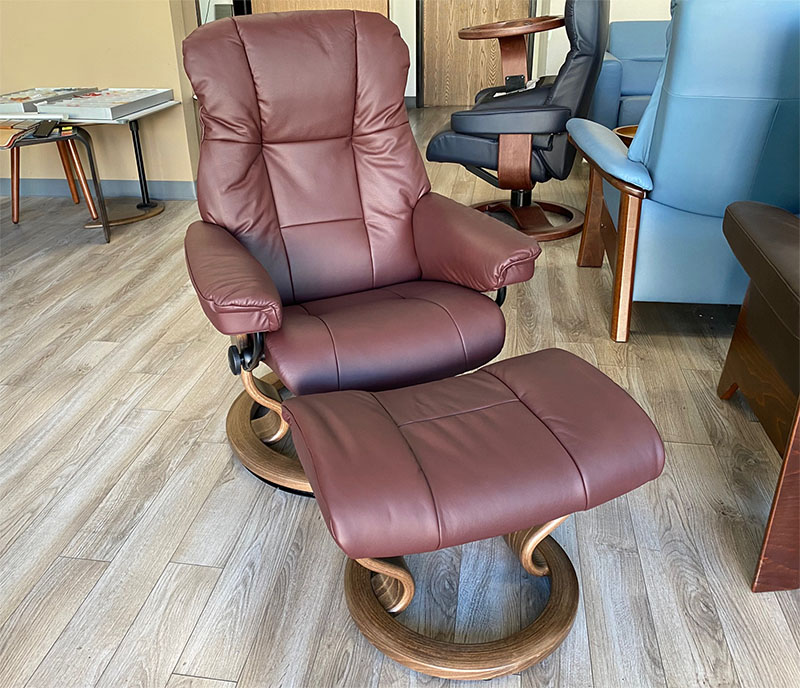 Stressless Mayfair Classic Base Paloma Bordeaux Leather Recliner Chair and Ottoman by Ekornes