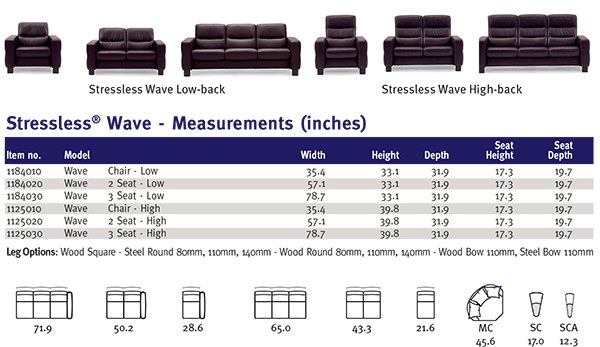 Stressless Wave Loveseat Sofa in Paloma Sand Leather Measurements