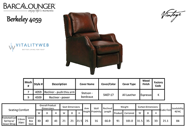 Barcalounger Berkeley 4059 Leather Recliner Chair Dimensions