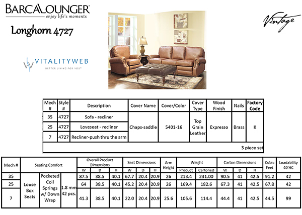 Barcalounger Longhorn II 4727 Leather Recliner Chair and Sofa Dimensions