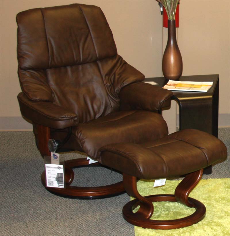 Stressless Vegas Paloma Chocolate Leather Recliner Chair and Ottoman - Walnut Wood 