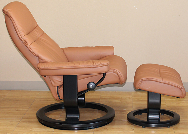 Stressless Sunrise Classic Palm Brown Color Leather Recliner Chair and Ottoman