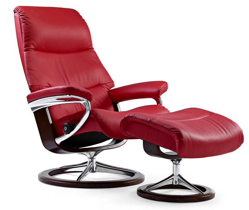 Stressless View Medium Tomato Leather Recliner Chair and Ottoman by Ekornes