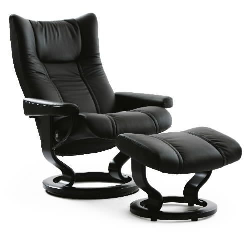 Stressless Wing Black Paloma Leather Recliner Chair and Ottoman by Ekornes