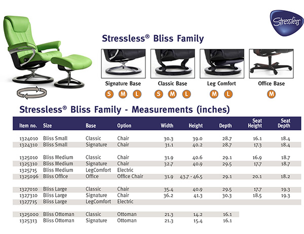 Stressless Bliss Recliner Chair and Ottoman Size Dimensions