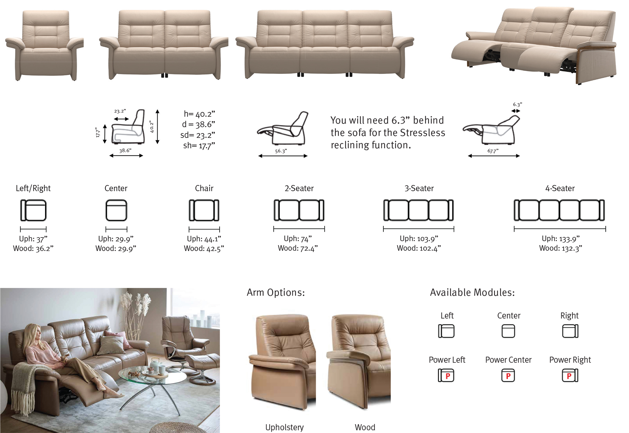 Stressless Mary HR Manual Recline Sofa, Loveseat and Recliner Chair by