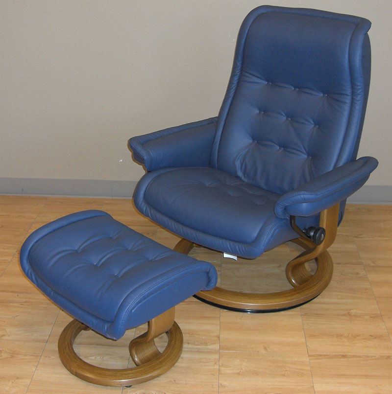 Stressless Royal Recliner Chair and Ottoman in Oxford Blue Paloma Leather by Ekornes