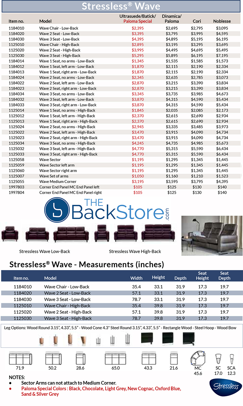 Stressless Wave Low Back Adjustable Sofa,  LoveSeat, Chair and Sectional by Ekornes