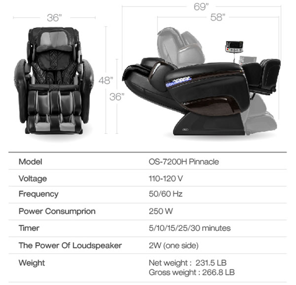 Osaki OS-7200H Pinnacle Executive Zero Gravity Massage Chair Recliner Dimensions