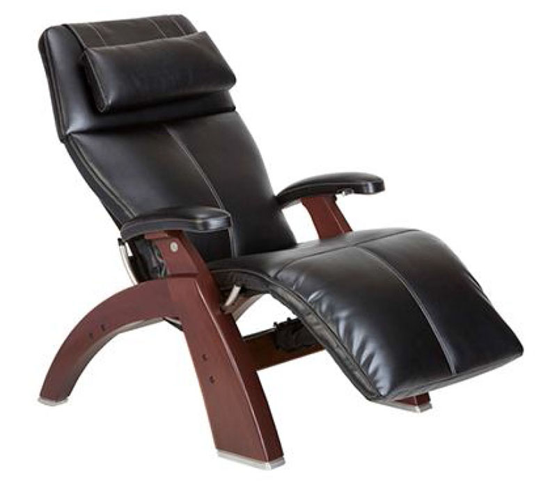 Black Top Grain Leather Chestnut Wood Base Series 2 Classic PC-600 Power Silhouette Omni-Motion Perfect Chair Zero Gravity Power Recliner by Human Touch